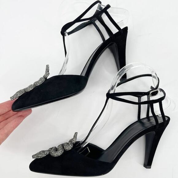 Valentino Garavani Maison Black Suede Crystal Snake T-Strap Pump size EU 39.5 - Picture 5 of 12